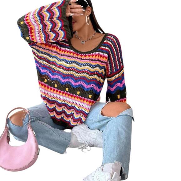 Oversized Rainbow Crochet Knit Hippie Boho Sweater Size Small - Picture 3 of 9
